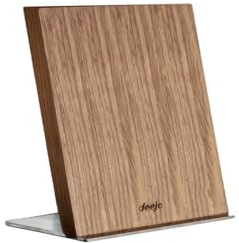 Deejo - Présentoir Magnétique pour 4 Couteaux (de Cuisine, de Poche, de Table) - Base en Acier Inoxydable, Patins Antidérapants, Habillage en Zebrano - Stabilité Optimale - 14,5 x 11,5 x 12 cm