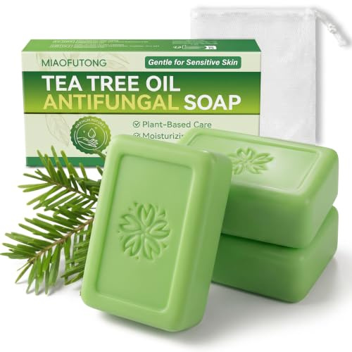 3 stycken teeträdsolja antibakteriell tvål, naturlig tvål med teeträ olja, duschbitar lämplig för ansikte och kropp, derma relief, mild rengöring, fettborttagning, lämplig för daglig användning