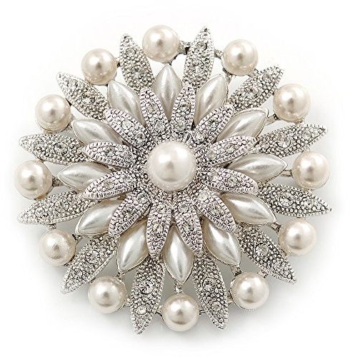 Broche florale cristal Swarovski, fausse perle blanche inspiration vintage en plaqué rhodium