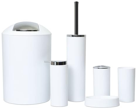 6tlg Badset Badezimmer Zubehör Set Organizer: Seifenspender, Zahnputzbecher, Kosmetikeimer, WC Bürste und Halter, Seifenschale, Mülleimer, Zahnbürstenhalter, Badgarnitur (Weiß Design 2a)