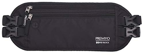 PREMYO XL Riñonera Interior Cinturón de Viaje 2 Correas Bloqueo RFID Antirrobo Oculto Fino Cómodo Impermeable para Dinero Pasaporte Deportes Negro