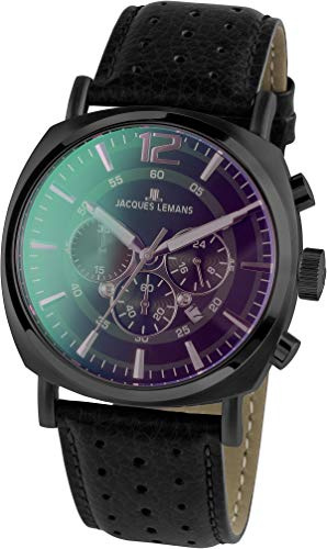 JACQUES LEMANS Herrenuhr Lugano Lederarmband massiv Edelstahl ip-Black Chronograph 1-1645.1N