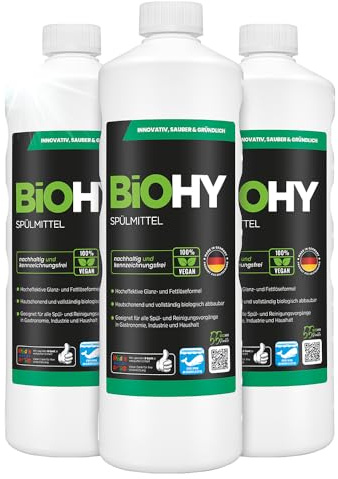 BiOHY Diskmedel (3 x 1l flaska) | Fri från skadliga kemikalier och biologiskt nedbrytbara | Formel för glans och avfettning Lämplig för gastronomi, industri och hushåll (Spülmittel)