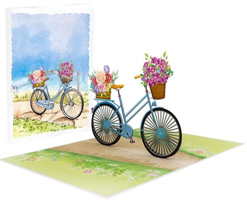 LIMAH® Pop Up 3D Blumen-Fahrrad-Karte, Glückwunschkarte, Geschenkkarte, Überraschungskarte Mit Einem Damenrad Und Roten Blumen Gut Kombinierbar Mit Einem Gutschein Zum Geburtstag