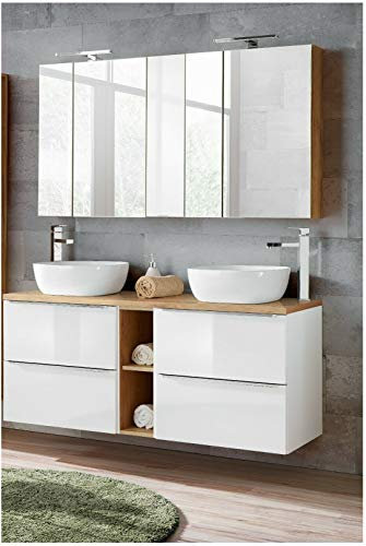 naka24 Badmöbel Set Capri-B Weiss Hochglanz 140 cm mit 2 Waschbecken LED Soft - Close (Waschbecken Waschbeckenunterschrank Spiegelschrank)