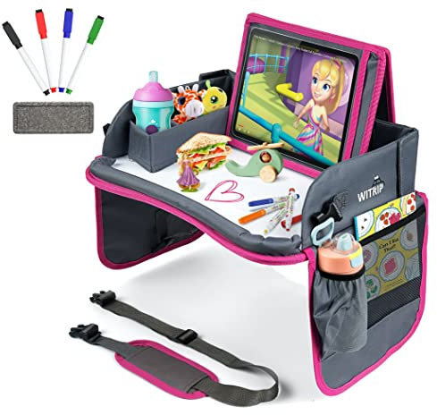 Kids Travel Tray with Dry Erase Board - Car Seat Tray for Kids Travel, Carseat Table Top for Toddler, Lap Desk for Car Seat, Activity Organizer & Snack Holder, Road Trip Essentials for Kid (Pink)