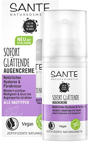 SANTE Naturkosmetik Sofort Glättende Augencreme Natürliches Hyaluron & Parakresse, Bio-Gesichts-Creme zur Minderung erster Fältchen, Anti-Aging-Wirkung, Glatte Haut mit Spilanthol, Vegan, 15ml
