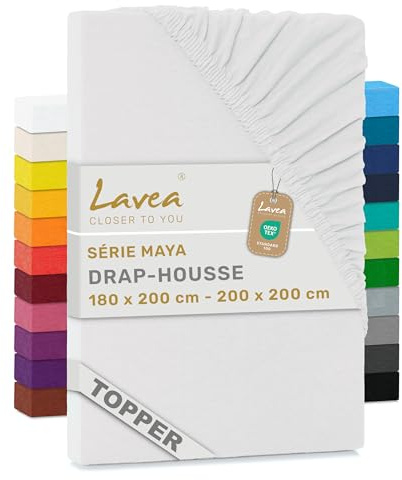 Lavea® Topper Spannbettlaken 180x200 cm - 200x200 cm - Weiß | Maya 100% Jersey Baumwolle – Weiches Spannbetttuch Topper bis 10 cm, atmungsaktives Bettlaken, formstabil & pflegeleicht