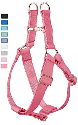 Soft Leather No Pull Dog Harness - Adjustable Step in Dog Harness with Rose Gold Heavy Duty Metal Buckle, Freedom Nylon Dog Halter Vests for Small Medium Large Dogs Easy Walking Training M, Dark Pink