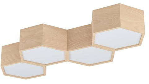 EGLO Deckenlampe Mirlas, 4 flammige Deckenleuchte, Wohnzimmerlampe aus Holz in Natur und Kunststoff in Weiß, Schlafzimmerlampe, Flurlampe Decke mit E27 Fassung
