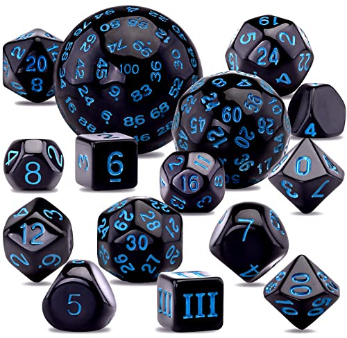 SIQUK Juego completo de dados poliédricos de 15 piezas D3-D100 con una bolsa de almacenamiento de cuero con cordón para juegos de mesa, negro y azul