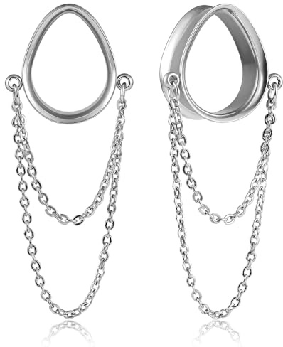 Vankula Ohr Tunnel mit anhänger 1 Paar Double Flared Flesh Plugs Tropfenförmige mit Kette Edelstahl für männer damen Ohrpiercing Schmuck 12mm(1/2) Silber