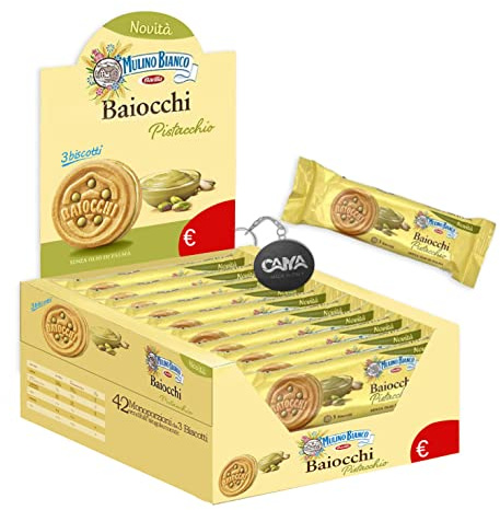 Mulino Bianco Baiocchi Pistacchio Biscotti Ripieni con Crema al Pistacchio Box 42x28g con Portachiavi CAIYA® - NOVITA' PACK 2023