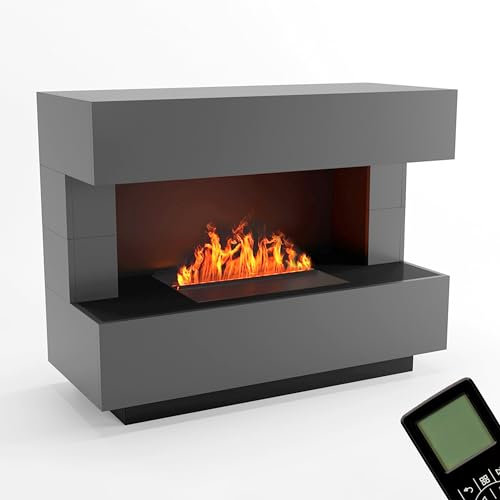 GLOW FIRE Wasserdampf Kamin Kant (Standkamin) - Elektrokamin mit realistischen LED 3D-Flammen, Knistereffekt & Fernbedienung, 120x93x50 cm - Opti-Myst 500 Elektro Kamin, Grau
