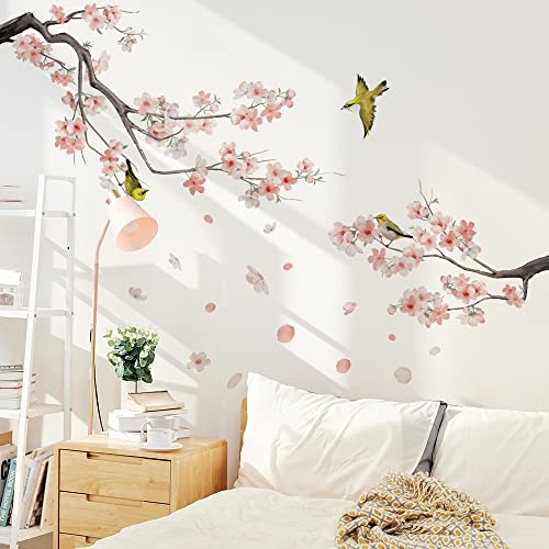 Runtoo Adesivi Murali Ramo di Ciliegio Adesivi da Parete Fiori di Ciliegio Rosa Decorazioni Muro Soggiorno Cameretta Bimba Bagno