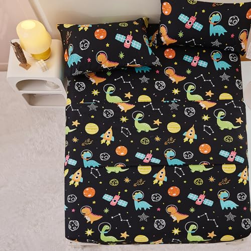 Yibeizi Dinosaur Space Twin Sheets Set for Boys, Kids Cute Planet Printed Microfiber Bedsheets Deep Pocket Bed Sheet & Pillowcase Sets 3 Pieces