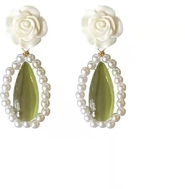 Ohrring Französisch Elegante sanfte weiße Rose Perle grün Katzenauge Stein Tropfen Ohrringe Ohrclips