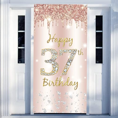 37. Geburtstag Deko Frauen, Happy 37th Birthday Door Banner Roségold Stoff Schild Plakat Türdekoration, 37. Geburtstag Hintergrund Banner Damen, Geburtstagsfeier Willkommensschild