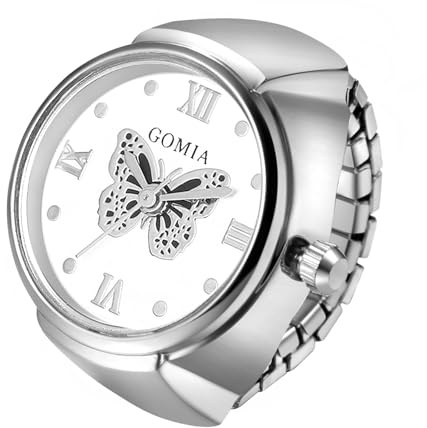 JewelryWe Reloj de Anillo de Elástico para Mujer: Reloj de Dedo Elástico Retráctil Movimiento de Cuarzo Analógico Mariposa Decoración Dial Correa de Acero Inoxidable - para Ocio Negocios Regalo Plata