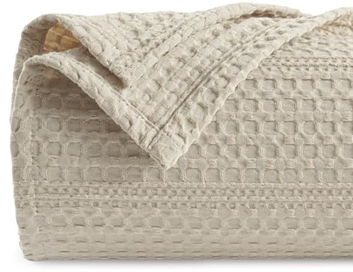 PHF Lightweight Waffle Weave Blanket Queen Size 90x 90, Soft Woven Summer Blanket for Hot Sleepers - Aesthetic Home Decor for Couch Bed Sofa, Pet Friendly, Natural/Linen