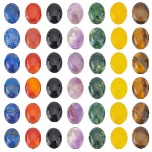 Beebeecraft 42 Stück 7 Stile Chakra Stein Cabochons Natürliche Edelsteine Flache Rückseite Polierte Ovale Cabochon Perlen Für Die Schmuckherstellung DIY Armband Halskette Ohrringe Basteln