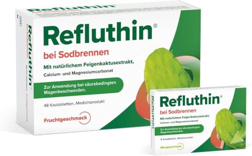 Refluthin bei Sodbrennen 48 + 16 Kautabletten mit Frucht- & Minzgeschmack | Lindert Sodbrennen, Reflux & saures Aufstoßen, schützt die Speiseröhre mit Feigenkaktusextrakt, gut verträglich & zuverlässig