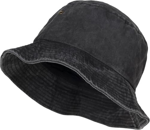 styleBREAKER Unisex Fischerhut Einfarbig in Vintage Washed Optik, Bucket Hat, Stoff Sonnenhut Unifarben 04025045, Farbe:Schwarz