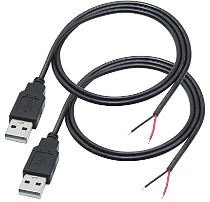 USB-A-Stromkabel, 2-poliger Stecker mit offenem Ende, Stromkabel für 5 V/3 A USB-Geräte oder DIY-Reparatur