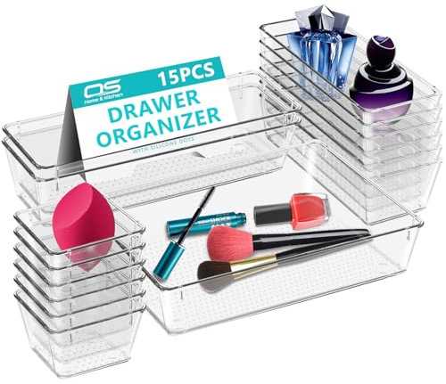 Clear Drawer Organiser Trays Set – Makeup Organiser Tray for Drawers – Versatile Makeup, Cosmetics, and Utensil Storage for Bedroom, Office, and Kitchen- Cutlery Set Divider In 4 Sizes (15 PCS)