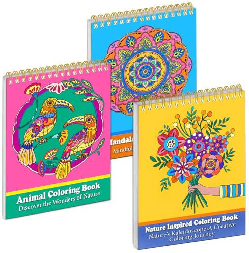 LORHAKI Malbuch-Set für Erwachsene, 3 Spiralbindungen, Mandala, von der Natur inspiriertes Tier-Malbuch, 200 g/m², kein Ausbluten, dickes Papier, optimal für Entspannung und Stressabbau, für Damen,