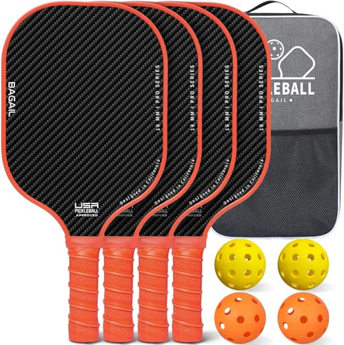 BAGAIL Raquettes de Pickleball, Ensemble de 4 avec 4 Balles, Légères - Absorption des Chocs élevée - Ergonomique, Adaptées aux Jeux en Intérieur et en Extérieur
