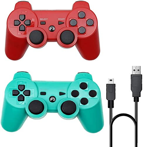 ＲＵＥＩＵＲＩ P-S3 Controller 2 Pack[2025 NEWEST] PS-3 Wireless controller Playstation 3 Controller Wireless Bluetooth Gamepad with USB Charger Cable for PS-3 Console (Red+Green)
