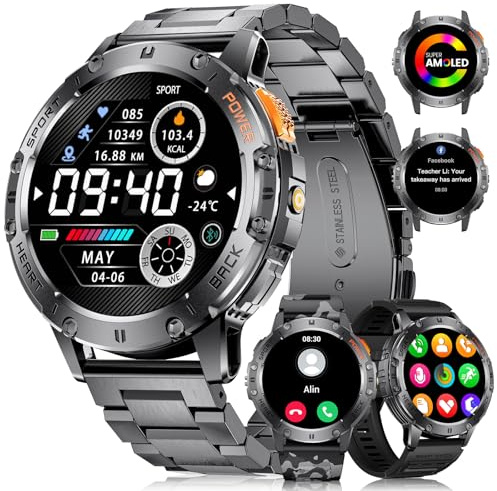 LIGE Military Smart Watch for Men with Bluetooth Call,1.43 AMOLED with LED Flashlight/530mAh,100+ Sports Mode Tactical Fitness Tracker/Heart Rate Sleep Health Monitor/IP68 Waterproof for Android iOS