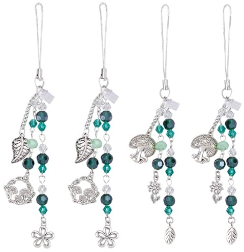 SUNNYCLUE 1 Box 6 Stück Handy Anhänger Staubschutzstöpsel Anhänger Handy Anhänger Band Frühling Pilz Blume Blatt Anhänger Grüne Perlen Handy Anhänger Staub Stecker Für Frauen Und Erwachsene Dekoration
