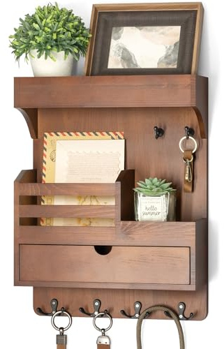Rebee Vision Farmhouse Key Holder Wall Mount with Drawer Organizer – Pine Wooden Mail and Key Organizer for Wall with 6 Sturdy Hooks & Floating Shelf – Perfect for Retro Living Room Decor (Brown)