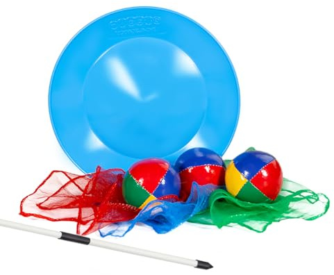 Juggle Dream jongleringsspel, jongleringstallrik (blå) inkl. stång, 3 stycken junior jongleringsdukar (röd, blå, grön) 3 Pro Thud jongleringsbollar (flerfärgade)