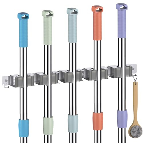 Oamwrae 5 Schlitzen Besenhalterung Wand mit 2 Haken, Besenhalter aus Edelstahl, Robuster Wandhalterung Besen für Badezimmer, Küche, Schrank, Garten und Garage, Werkzeugaufbewahrung, Silber
