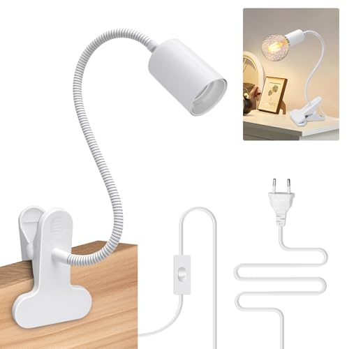 Portalámparas E27 con Pinza, Lampara con Pinza con Cuello de Cisne 10MM&35CM, Lámpara Pinza de Metal con 240CM Cable y Interruptor Apliques Pinza Flexible E26 Lámpara Lectura Pinza Luz(Sin Bombilla)