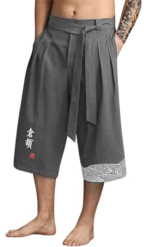Pantalón de Kimono Tradicional Japonés, Lino Pantalones Cortos Hombre Verano Casual Moda, Ropa Asiática, Pantalones de Baño Playa, Capris Pants Estilo Japonés para Trabajo Running Correr Playa