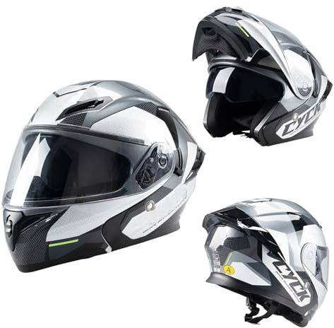 Frcychri Casque Moto, Casque Moto Homme Femme, Casque Avant Rabattable, avec Double Visière Anti-Buée, Casque Moto Intégral,Casque Moto pour Hommes Femmes D,Medium
