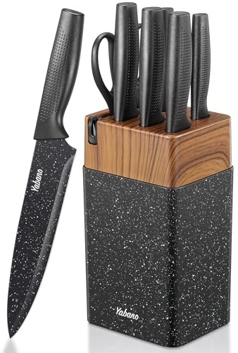 Yabano Set Couteaux Cuisine 7 Pièces avec Bloc et Aiguiseur Intégré, Bloc de Couteaux de Cuisine en Plastique, Lames en Acier Inoxydable Ultra-Tranchantes, Revêtement et Antirouille (Tacheté)