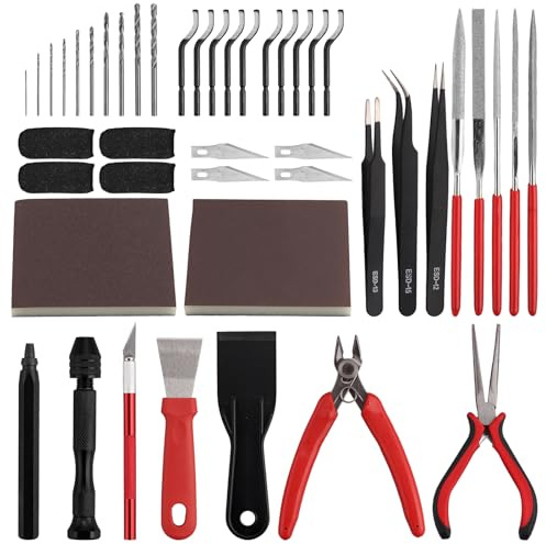 Kamtop 3D Drucker Werkzeug Kit, 46 PCS 3D Drucker Zubehör Set mit Schabern, Pinzetten, Entgratungswerkzeug, Handbohrer, Feilen, Schleifschwämmen & Finger-Schutz– Wartung & Finishing Werkzeuge