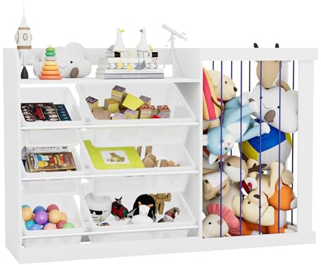 KEEPREAPER 2 in 1 Kinderregal mit 6 Aufbewahungsbox aus Kunststoff und offenem Fach, Spielzeugtruhe aus Holz, Spielzeug Aufbewahrung, Spielzeugregal für Kinderzimmer, 122x34x80cm (Weiß)