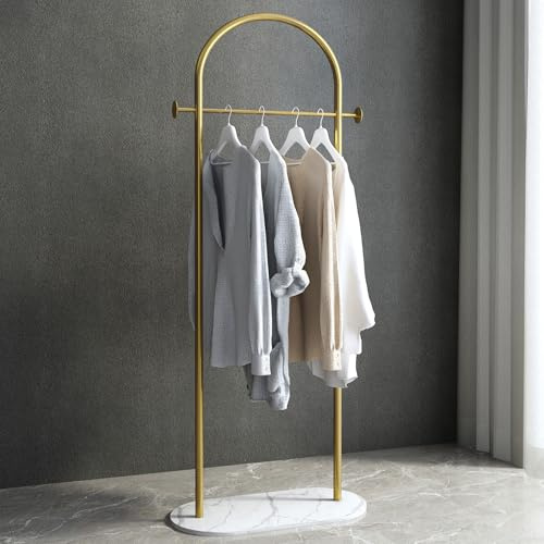 BUZUEY Small Clothes Rail, Gold Clothing Rack with Marble Base, Heavy-Duty Freestanding Coat Rail for Bedroom, Modern Hanging Rail, Can Hang Jacket, Garment, Hat, Scarf