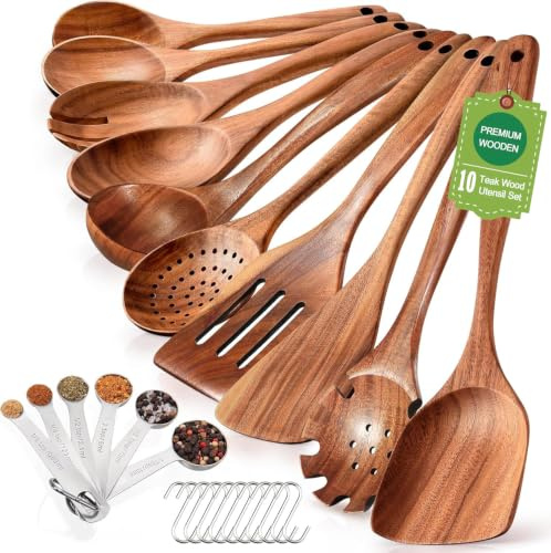 Spardar 10 PCS Holzlöffel zum Kochen, mit 6 Messlöffeln, 10 Haken | Teakholz Kochlöffel Holz Set Inklusive Schaumlöffel, Pfannenwender, Salatlöffel usw., Geeignet für Küche und Esszimmer
