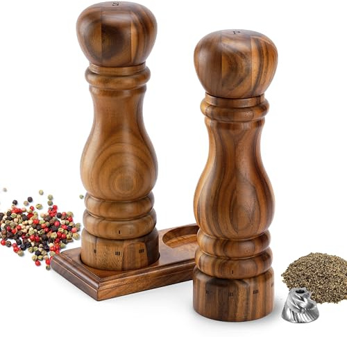 Aurevit Juego de Molinillos de Sal y Pimienta de Madera, Manual con Núcleo de Cerámica/Acero Inoxidable, Recargable, Ajuste de Grosor Externo, 23 cm, Acacia