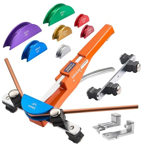 VEVOR Kit de Dobladora de Tubos 6 a 22 mm, Compacta, con Trinquete, Avance/Retroceso, con Matrices de Aleación de Aluminio de 7 Colores, para HVAC de Cobre, Aire Acondicionado, 380 x 260 x 90 mm