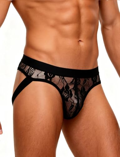 ohyeahlady Jockstrap Männer Gay Unterwäsche Herren Sexy Hinten Offen Spitze String Tanga Große Größen Sissy Dessous Mesh Unterhosen Stretch Slip Transparent Pouch Underwear mit Elastische Bund