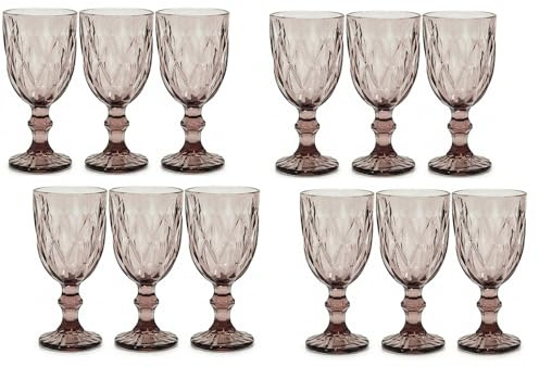 Set 12 Bicchieri a Calice o Acqua vino Colorati in Pasta di Vetro Rosa 26cl Pink Design Vintage Crystal diamante eleganti a tavola in casa o uso professionale