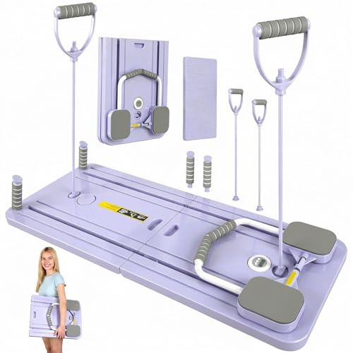 Upgraded Pilates Reformer Compact,5 in 1 Pilates pieghevole con contatore LED, rullo di rimbalzo automatico, pedana multifunzione per addominali a casa e in palestra (viola con maniglia)